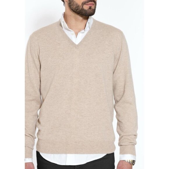 NEW! John Ashford 100% Cashmere Sweater Pullover V Neck Beige SZ Large - Picture 1 of 9
